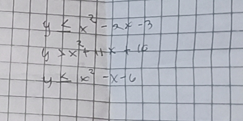 y≤ x^2-2x-3
y>x^2+11x+10
y≤ x^2-x-6