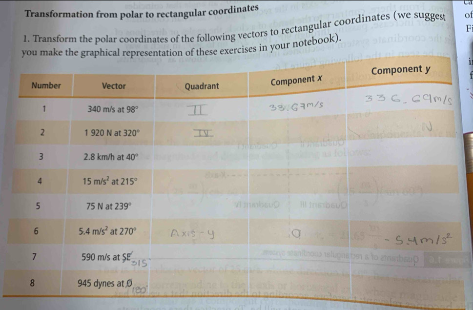 Transformation from polar to rectangular coordinates
ca
F
1. Transform the polar coordinates of the following vectors to rectangular coordinates (we suggest of
exercises in your notebook).