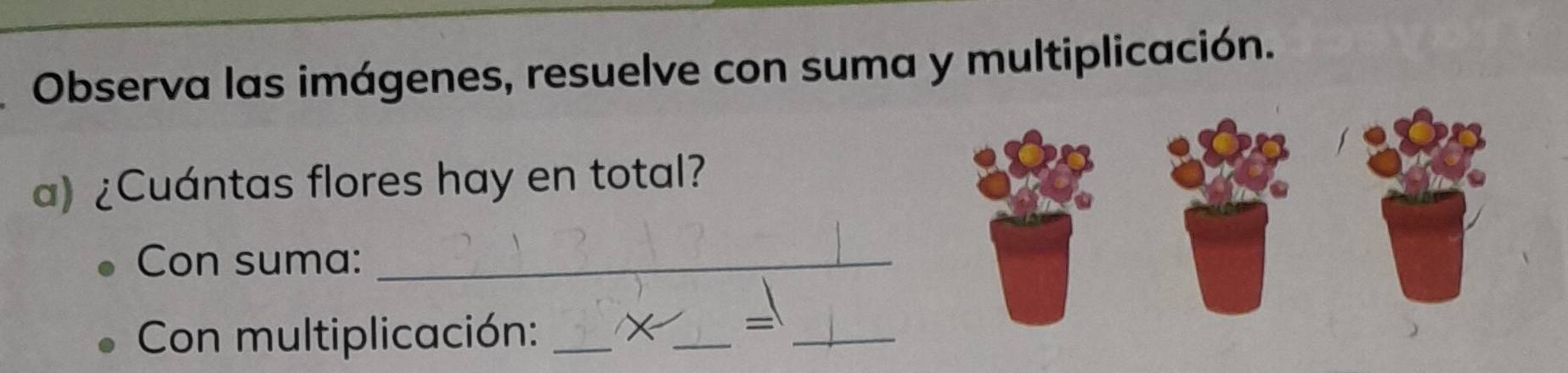 Observa las imágenes, resuelve con suma y multiplicación. 
a) ¿Cuántas flores hay en total? 
Con suma:_ 
Con multiplicación:_ 
_ 
_=