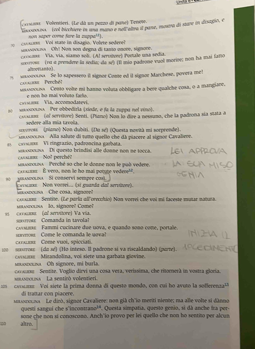 Unitá 6ª
cavaliere Volentieri. (Le dà un pezzo di pane) Tenete.
Sukssdοuxs' (col bicchiere in una mano e nell'altra íl pane, mostra di stare in disagio, e
non saper come fare la zu pa^(11)).
AVALEre  Voi state in disagio. Volete sedere?
mrandolina Oh! Non son degna di tanto onore, signore.
cavalere Via, via, siamo soli. (Al servitore) Portale una sedia.
servirorε  (υα α prendere la sedia; da sé) (Il mio padrone vuol morire; non ha mai fatto
altrettanto).
75 Mrandolna Se lo sapessero il signor Conte ed il signor Marchese, povera me!
cavaliere Perché?
mirandolna Cento volte mi hanno voluta obbligare a bere qualche cosa, o a mangiare,
e non ho mai voluto farlo.
cavaliere Via, accomodatevi.
80 mirλνdolνa Per obbedirla (siede, e fa la zuppa nel vino).
caνalerε  (αl servítore) Senti. (Piano) Non lo dire a nessuno, che la padrona sia stata a
sedere alla mia tavola.
servitore (piano) Non dubiti. (Da sé) (Questa novità mi sorprende).
Mrandolina Alla salute di tutto quello che dà piacere al signor Cavaliere.
85  cavaLIere Vi ringrazio, padroncina garbata.
mirandolna Di questo brindisi alle donne non ne tocca.
cavaliere No? perché?
mirandolina Perché so che le donne non le può vedere.
avaliere  È vero, non le ho mai potute vedere²².
90   Mirandolina Si conservi sempre così.
cavalere Non vorrei... (si guarda dal servitore).
Mirandolna Che cosa, signore?
caνλlεrε Sentite. (Le parla all’orecchio) Non vorrei che voi mi faceste mutar natura.
mirandolina Io, signore? Come?
95 cavaliere (al servitore) Va via.
servitore Comanda in tavola?
caváleRe Fammi cucinare due uova, e quando sono cotte, portale.
servitore Come le comanda le uova?
cavaliere Come vuoi, spicciati.
100 servítore (da sé) (Ho inteso. Il padrone si va riscaldando) (paγte).
cAvALERE Mirandolina, voi siete una garbata giovine.
mirandolına Oh signore, mi burla.
cavalerε Sentite. Voglio dirvi una cosa vera, verissima, che ritornerà in vostra gloria.
mirandolina La sentirò volentieri.
105 cavalere Voi siete la prima donna di questo mondo, con cui ho avuto la sofferenza
di trattar con piacere.
MirandoLna Le dirò, signor Cavaliere: non già ch'io meriti niente; ma alle volte si dànno
questi sangui che s’incontrano¹³. P. Questa simpatia, questo genio, si dà anche fra per-
sone che non si conoscono. Anch’io provo per lei quello che non ho sentito per alcun
110 altro.