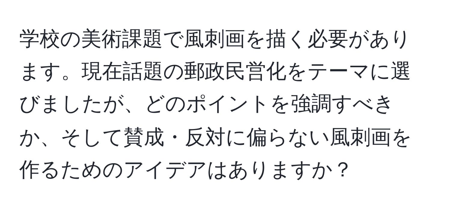 学校の美術課題で風刺画を描く必要があります。現在話題の郵政民営化をテーマに選びましたが、どのポイントを強調すべきか、そして賛成・反対に偏らない風刺画を作るためのアイデアはありますか？