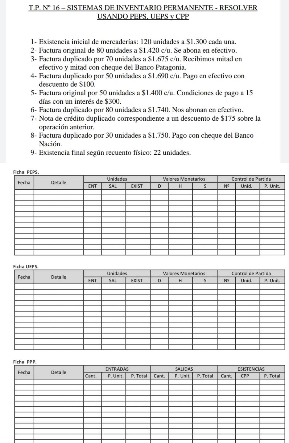 N^o 16 - SISTEMAS DE INVENTARIO PERMANENTE - RESOLVER
USANDO PEPS, UEPS y CPP
1- Existencia inicial de mercaderías: 120 unidades a $1.300 cada una.
2- Factura original de 80 unidades a $1.420 c/u. Se abona en efectivo.
3- Factura duplicado por 70 unidades a $1.675 c/u. Recibimos mitad en
efectivo y mitad con cheque del Banco Patagonia.
4- Factura duplicado por 50 unidades a $1.690 c/u. Pago en efectivo con
descuento de $100.
5- Factura original por 50 unidades a $1.400 c/u. Condiciones de pago a 15
días con un interés de $300.
6- Factura duplicado por 80 unidades a $1.740. Nos abonan en efectivo.
7- Nota de crédito duplicado correspondiente a un descuento de $175 sobre la
operación anterior.
8- Factura duplicado por 30 unidades a $1.750. Pago con cheque del Banco
Nación.
9- Existencia final según recuento físico: 22 unidades.