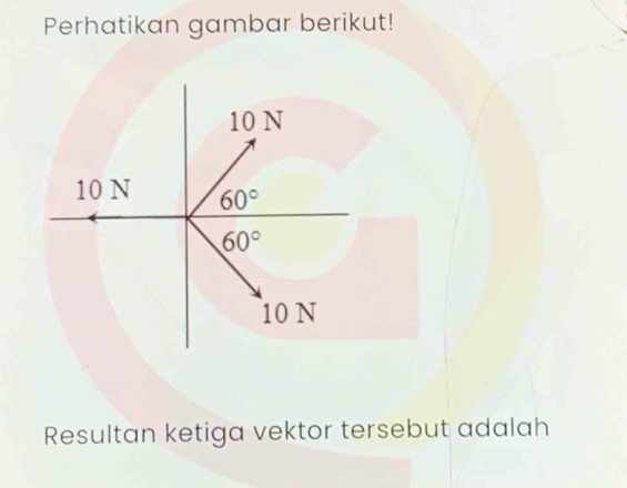 Perhatikan gambar berikut!
10 N
10 N 60°
60°
10 N
Resultan ketiga vektor tersebut adalah