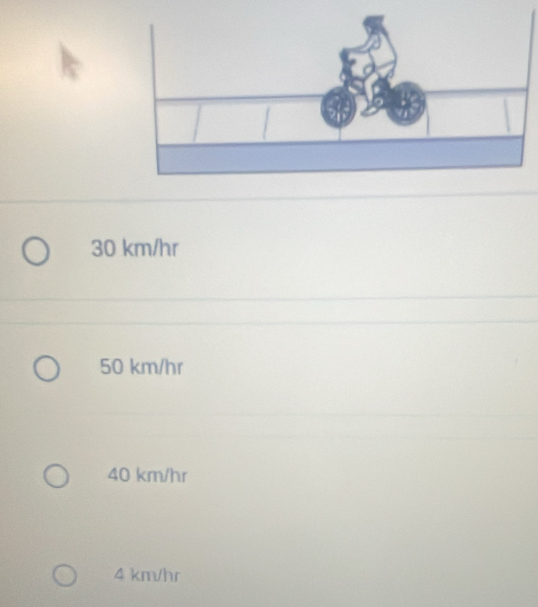 30 km/hr
50 km/hr
40 km/hr
4 km/hr