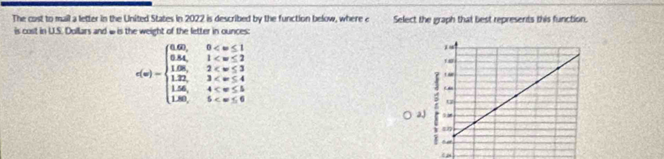 The cast to mail a letter in the United States in 2022 is described by the function below, where e Select the graph that best represents this function. 
is cost in U.S. Dollars and ω is the weight of the letter in ounces:
s(x)=beginarrayl 4.60,6