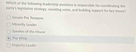 Which of the following leadership positions is responsible for coordinating the
party's legislative strategy, counting votes, and building support for key issues?
Senate Pro Tempore
Minority Leader
Speaker of the House
The Whip
Majority Leader