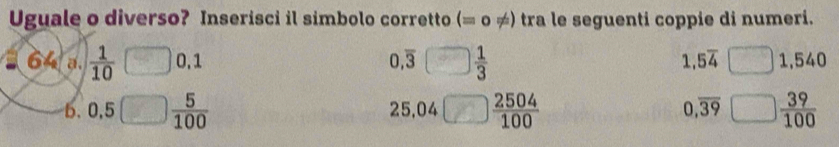 Uguale o diverso? Inserisci il simbolo corretto (= o ≠) tra le seguenti coppie di numeri.
64 a.  1/10  0.1 0,overline 3 □  1/3  1 5overline 4 1,540
0,overline 39
b. 0.5  5/100  25,04  2504/100   39/100 