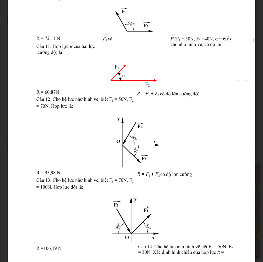 _ 
R=72,11N
F_1 và
F(F_1=30N,F_2=40N,alpha =60^0)
Câu 11. Hợp lực R của hai lực cho như hình vẽ, có độ lớn
cường độ) là:
F_1
α
F_2
R=60,87N
R=F_1+F_2 có độ lớn cường độ)
Câu 12. Cho hệ lực như hình vẽ, biết F_1=50N,F_2
=70N.. Hợp lực là:
y
vector F_1
3_circ 
0
x
30°
vector F_2
R=95,98N có độ lớn cường
R=F_1+F_2
Câu 13. Cho hệ lực như hình vẽ, biết F_1=70N,F_2
=100N. Hợp lực độ) là:
R=106,19N
Câu 14. Cho hệ lực như hình vẽ, iết F_1=50N,F_2
=30N. Xác định hình chiếu của hợp lực R=