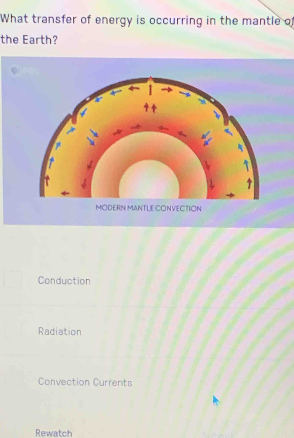 What transfer of energy is occurring in the mantle of
the Earth?
MODERN MANTLE CONVECTION
Conduction
Radiation
Convection Currents
Rewatch