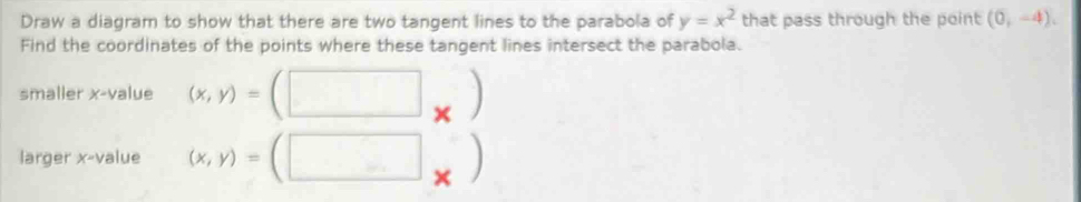 Draw a diagram to show that there are two tangent lines to the parabola of y=x^2 that pass through the point (0,-4), 
Find the coordinates of the points where these tangent lines intersect the parabola. 
smaller x -value (x,y)=(□ _* )
larger x -value (x,y)=(□ × . .