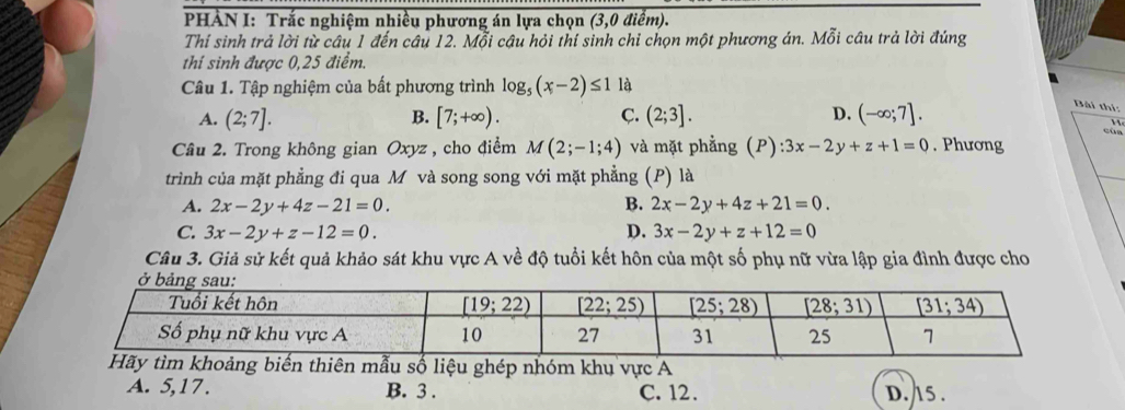 PHẢN I: Trắc nghiệm nhiều phương án lựa chọn (3,0 điểm).
Thí sinh trả lời từ câu 1 đến câu 12. Mỗi câu hỏi thí sinh chỉ chọn một phương án. Mỗi câu trả lời đúng
thí sinh được 0,25 điểm.
Câu 1. Tập nghiệm của bất phương trình log _5(x-2)≤ 1 là
A. (2;7]. [7;+∈fty ). C. (2;3]. D. (-∈fty ;7].
Bài thi:
B.
Câu 2. Trong không gian Oxyz , cho điểm M(2;-1;4) và mặt phẳng (P): 3x-2y+z+1=0. Phương
trình của mặt phẳng đi qua M và song song với mặt phẳng (P) là
A. 2x-2y+4z-21=0. B. 2x-2y+4z+21=0.
C. 3x-2y+z-12=0. D. 3x-2y+z+12=0
Câu 3. Giả sử kết quả khảo sát khu vực A về độ tuổi kết hôn của một số phụ nữ vừa lập gia đình được cho
số liệu ghép nhóm khu vực A
A. 5,17. B. 3 . C. 12. D. 15 .