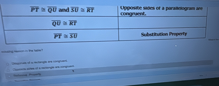 mising revson in the table?
Disgonais of a rectangle are congruent
Caposite sides of a rectangle are congruent.
Sellevs Property