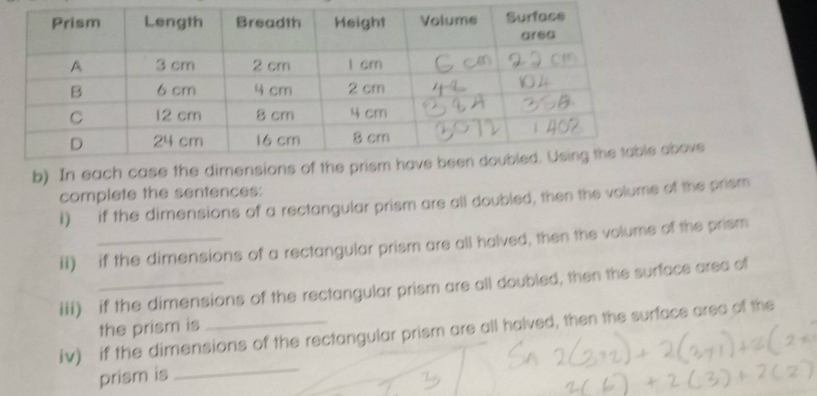 In eachbove 
complete the sentences: 
I) if the dimensions of a rectangular prism are all doubled, then the volume of the prism 
ii) if the dimensions of a rectangular prism are all halved, then the volume of the prism 
iii) if the dimensions of the rectangular prism are all doubled, then the surface area of 
the prism is 
iv) if the dimensions of the rectangular prism are all halved, then the surface area of the 
prism is 
_