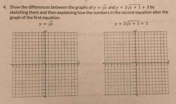 Show the differences between the graphs of y=sqrt(x) and y=2sqrt(x+1)+3by
sketching them and then explaining how the numbers in the second equation alter the 
graph of the frst equation.
y=sqrt(x)
y=2sqrt(x+1)+3