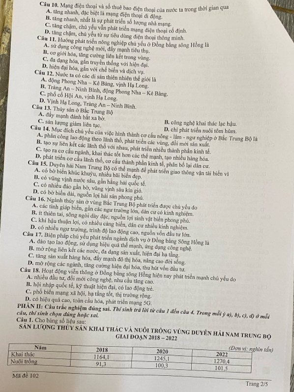 Mạng điện thoại và số thuê bao điện thoại của nước ta trong thời gian qua
A. tăng nhanh, đặc biệt là mạng điện thoại di động.
B. tăng nhanh, nhất là sự phát triển số lượng nhà mạng.
C. tăng chậm, chủ yểu vẫn phát triển mạng điện thoại cố định.
D. tăng chậm, chủ yếu từ sự tiêu dùng điện thoại thông minh.
Câu 11. Hướng phát triển nông nghiệp chủ yếu ở Đồng bằng sông Hồng là
A. sử dụng công nghệ mới, đầy mạnh tiêu thụ.
B. cơ giới hóa, tăng cường liên kết trong vùng.
C. đa đạng hóa, gắn truyền thống với hiện đại.
D. hiện đại hóa, gần với chế biển và dịch vụ
Câu 12. Nước ta có các đi sản thiên nhiên thể giới là
A. động Phong Nha - Kê Bảng, vịnh Hạ Long.
B. Tràng An - Ninh Bình, động Phong Nha - Kẻ Bàng.
C. phố cổ Hội An, vịnh Hạ Long.
D. Vịnh Hạ Long, Tràng An - Ninh Binh.
Câu 13. Thủy sản ở Bắc Trung Bộ
A. đây mạnh đánh bắt xa bờ. B. công nghệ khai thác lạc hậu.
C. sân lượng giảm liên tục. D. chỉ phát triển nuôi tôm hùm.
Câu 14. Mục đích chủ yếu của việc hình thành cơ cấu nông - lâm - ngư nghiệp ở Bắc Trung Bộ là
A. phân công lao động theo lãnh thổ, phát triển các vùng, đổi mới sản xuất.
B. tạo sự liên kết các lãnh thổ với nhau, phát triển nhiều thành phần kinh tể.
C. tạo ra cơ cầu ngành, khai thác tốt hơn các thế mạnh, tạo nhiều hàng hóa.
D. phát triển cơ cầu lãnh thổ, cơ cầu thành phần kinh tế, phân bố lại dân cư.
Câu I5. Duyên hải Nam Trung Bộ có thể mạnh để phát triển giao thông vận tải biển vì
A. có bờ biển khúc khuỳu, nhiều bãi biển đẹp.
B. có vũng vịnh nước sâu, gần hằng hải quốc tế,
C. có nhiều đảo gần bờ, vũng vịnh sâu kín gió.
D. có bờ biển đài, nguồn lợi hải sản phong phủ
Câu 16. Ngành thủy sản ở vùng Bắc Trung Bộ phát triển được chủ yếu do
A. các tinh giáp biển, gần các ngư trường lớn, dân cư có kinh nghiệm.
B. ít thiên tai, sông ngòi đày đặc, nguồn lợi sinh vật biển phong phú.
C. khí hậu thuận lợi, có nhiều cảng biển, dân cư nhiều kinh nghiệm.
D. có nhiều ngư trường, trình độ lao động cao, nguồn vốn đầu tư lớn.
Câu 17, Biện pháp chủ yểu phát triển ngành dịch vụ ở Đồng bằng Sông Hồng là
A. đào tạo lao động, sử dụng hiệu quả thể mạnh, ứng dụng công nghệ.
B. mở rộng liên kết các nước, đa dạng sản xuất, hiện đại hạ tằng.
C. tăng sản xuất hàng hóa, đầy mạnh đô thị hóa, nâng cao đời sống.
D. mở rộng các ngành, tăng cường hiện đại hóa, thu hút vốn đầu tư.
Câu 18. Hoạt động viễn thông ở Đồng bằng sông Hồng hiện nay phát triển mạnh chủ yếu do
A. nhiều đầu tư, đổi mới công nghệ, nhu cầu tăng cao.
B. hội nhập quốc tế, kỹ thuật hiện đại, có lao động trẻ.
C. phổ biến mạng xã hội, hạ tầng tốt, thị trường rộng.
D. có hiệu quả cao, toàn cầu hóa, phát triển mạng 5G.
PHÀN II: Câu trắc nghiệm đúng sai. Thí sinh trả lời từ câu 1 đến câu 4. Trong mỗi ý a), b), c), đ) ở mỗi
câu, thí sinh chọn đúng hoặc sai.
Câu 1. Cho bảng số liệu sau:
Sân lượng thuy sân khai thác và nuôi trông vùng duyên hải nam trung bộ
GIAI ĐOAN 2018 - 2022
Mã đề 102
Trang 2/5