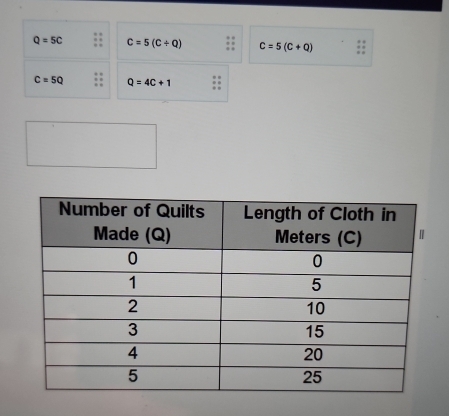 Q=5C c=5(C/ Q) C=5(C+Q)
C=5Q Q=4C+1