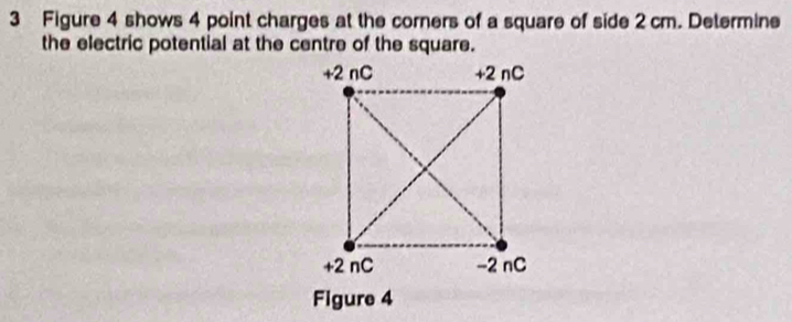 Figure 4 shows 4 point charges at the corners of a square of side 2 cm. Determine 
the electric potential at the centre of the square. 
Figure 4