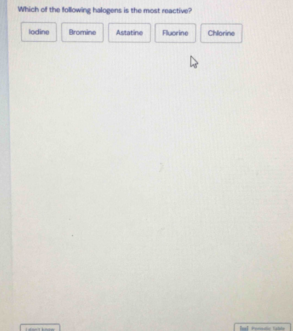Which of the following halogens is the most reactive?
lodine Bromine Astatine Fluorine Chlorine
L nn't know Im】 Periodic Table