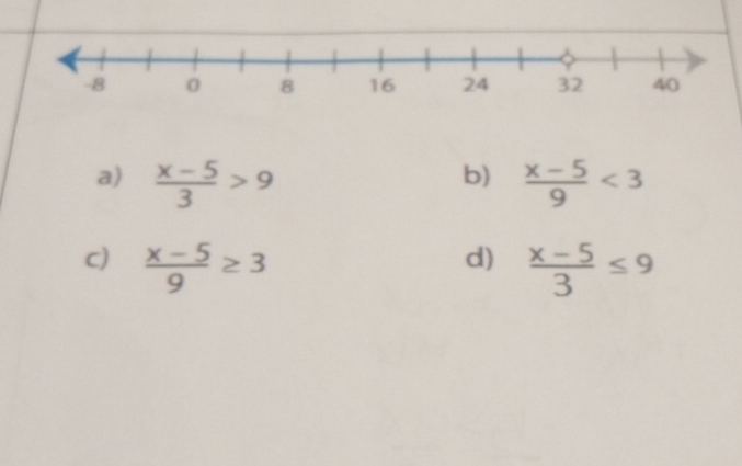  (x-5)/3 >9  (x-5)/9 <3</tex> 
d) 
c)  (x-5)/9 ≥ 3  (x-5)/3 ≤ 9