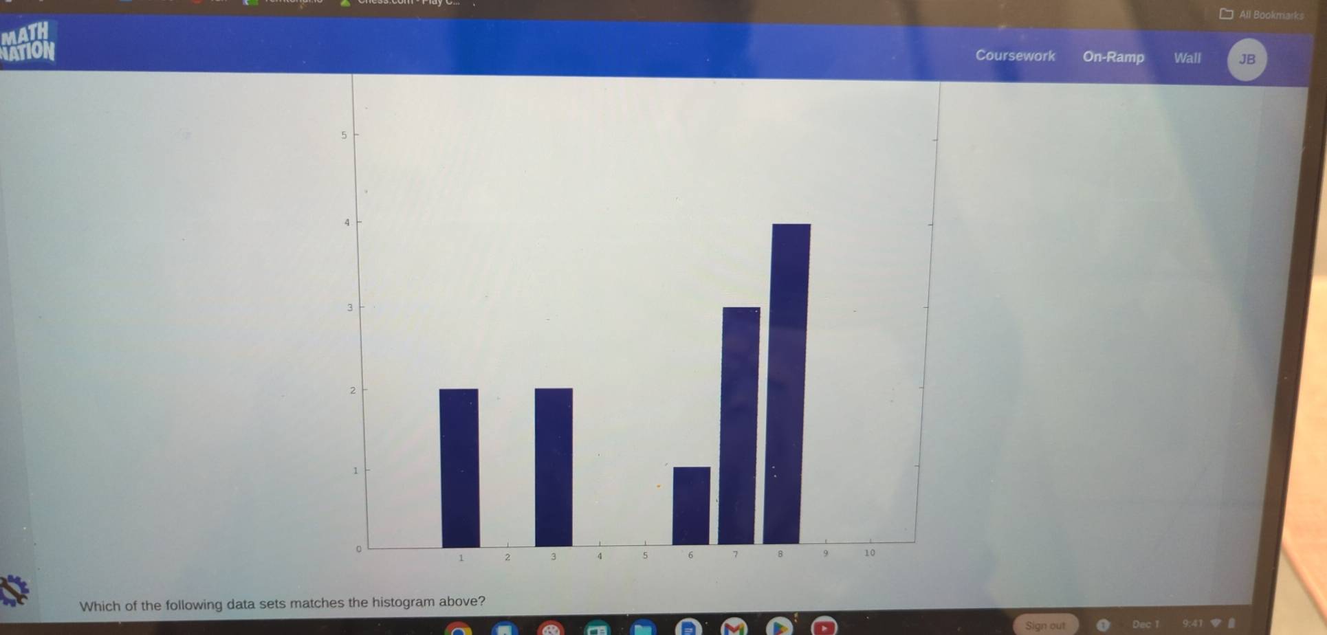 □ All Bookmarks 

IATION Coursework On-Ramp Wall JB 
Which of the following data sets matches the histogram above? 
Sign out Dec 1 9:41