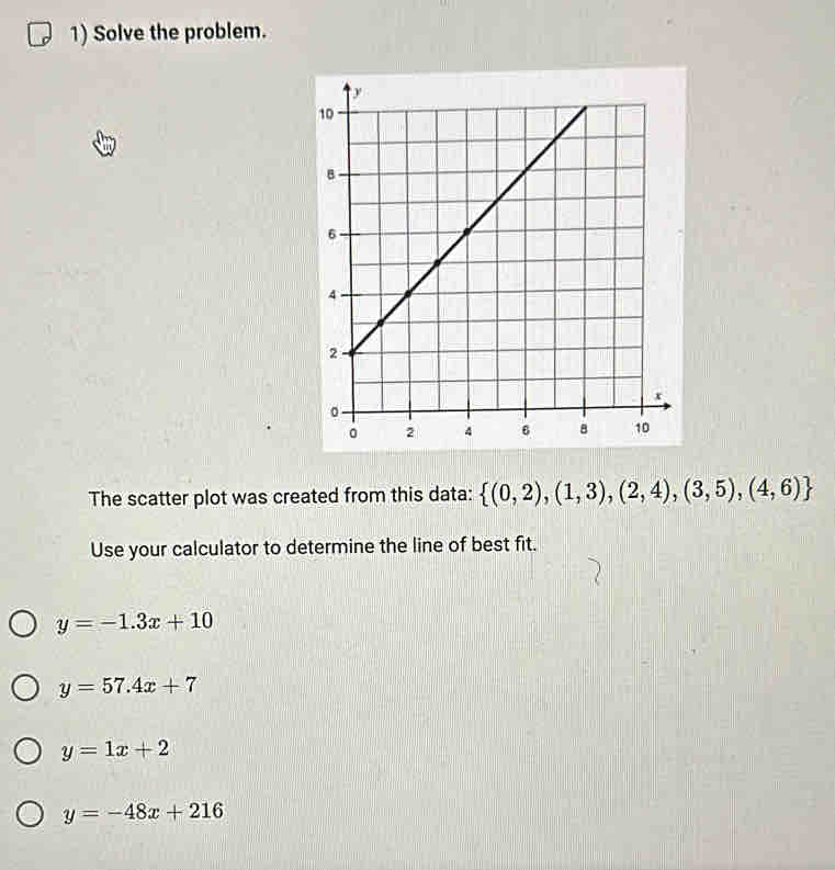 Solve the problem.
The scatter plot was created from this data:  (0,2),(1,3),(2,4),(3,5),(4,6)
Use your calculator to determine the line of best fit.
y=-1.3x+10
y=57.4x+7
y=1x+2
y=-48x+216