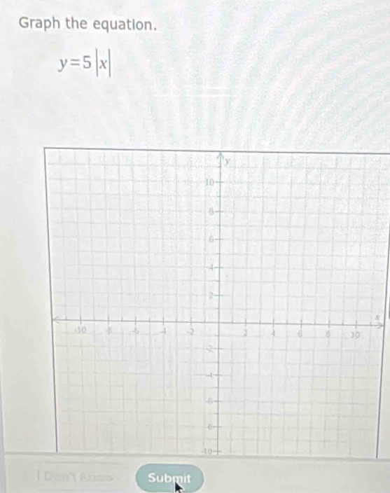 Graph the equation.
y=5|x|
| Don) Know Submit