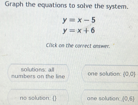 Graph the equations to solve the system.
y=x-5
y=x+6
Click on the correct answer.
solutions: all
numbers on the line one solution:  0,0
no solution: one solution:  0,6