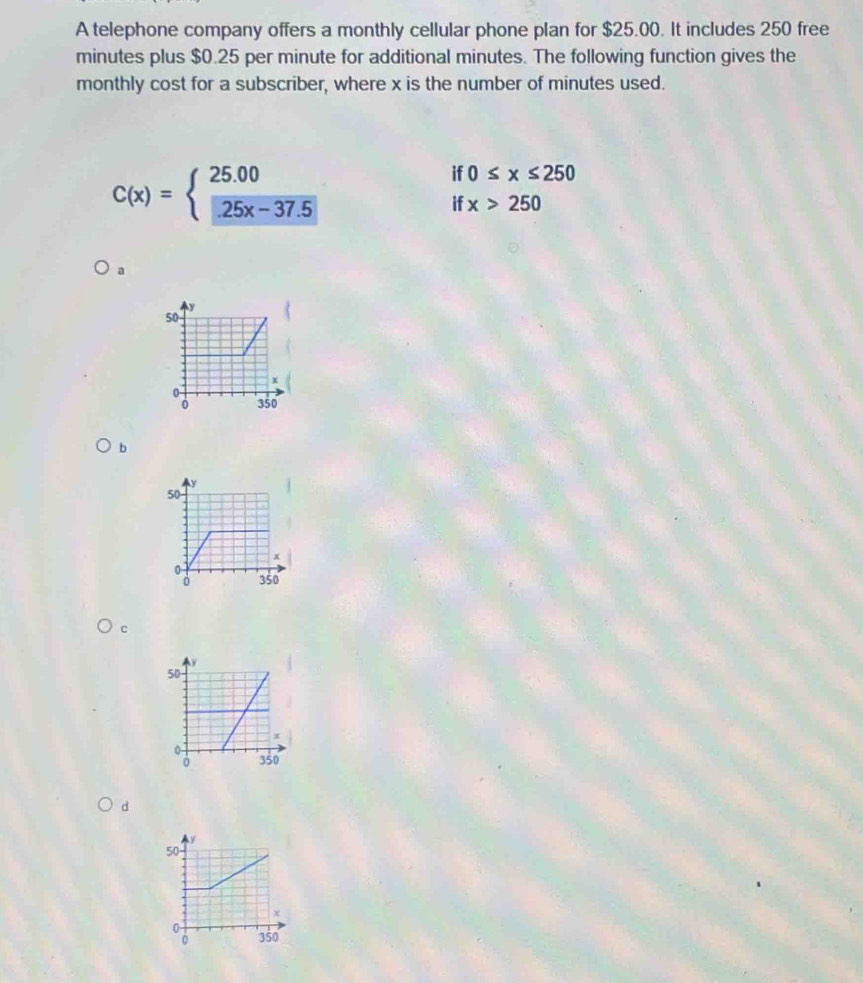 A telephone company offers a monthly cellular phone plan for $25.00. It includes 250 free
minutes plus $0.25 per minute for additional minutes. The following function gives the
monthly cost for a subscriber, where x is the number of minutes used.
C(x)=beginarrayl 25.00 25x-37.5endarray.
if 0≤ x≤ 250
if x>250
a
b
c
d