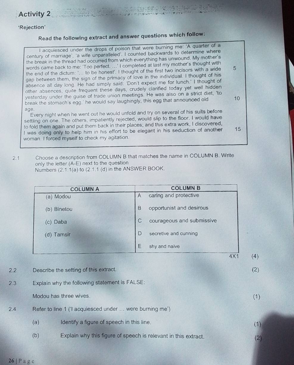 Solved: Activity 2 ‘Rejection’ Read the following extract and answer ...