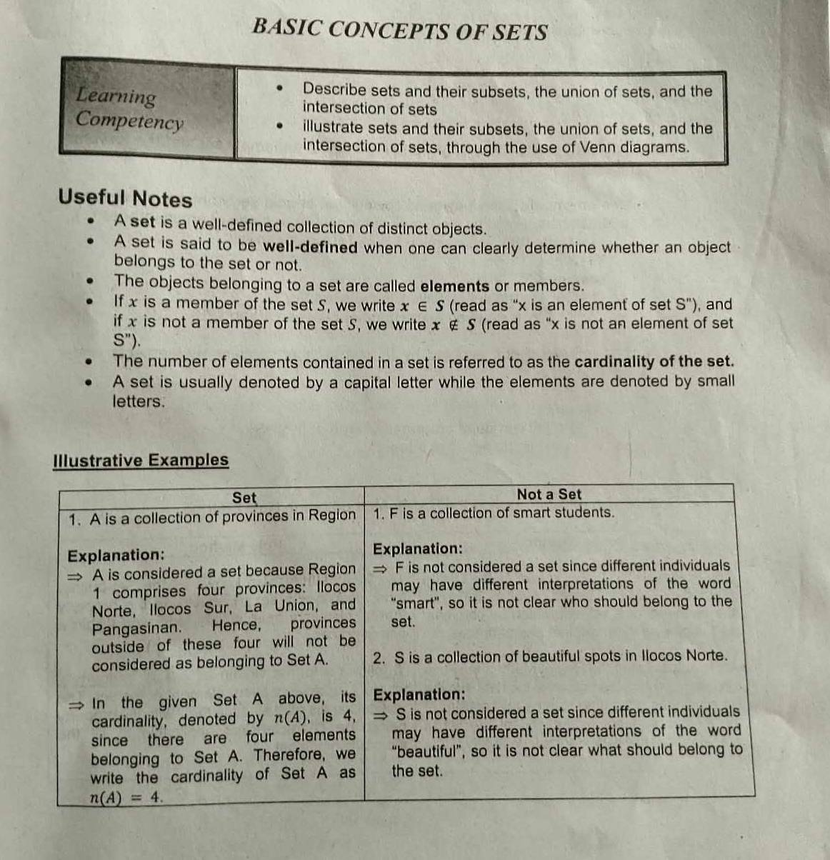 BASIC CONCEPTS OF SETS
Describe sets and their subsets, the union of sets, and the
Learning intersection of sets
Competency illustrate sets and their subsets, the union of sets, and the
intersection of sets, through the use of Venn diagrams.
Useful Notes
A set is a well-defined collection of distinct objects.
A set is said to be well-defined when one can clearly determine whether an object
belongs to the set or not.
The objects belonging to a set are called eIements or members.
If x is a member of the set S, we write x∈ S (read as “x is an element of set S”), and
if x is not a member of the set 5, we write x ∉ S (read as "x is not an element of set
S'')
The number of elements contained in a set is referred to as the cardinality of the set.
A set is usually denoted by a capital letter while the elements are denoted by small
letters.
Illustrative Examples