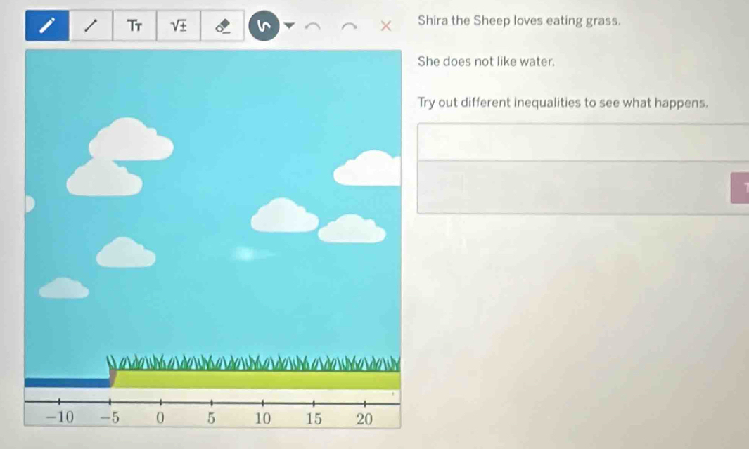 Tr Shira the Sheep loves eating grass. 
e does not like water. 
out different inequalities to see what happens.