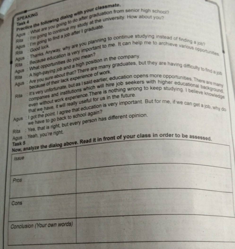 SPEAKING 
Practice the following dialog with your classmate 
Agus : What are you going to do after graduation from senior high school? 
Task 4 
Rita : I'm going to continue my study at the university. How about you? 
Agus : I'm going to find a job after I graduate 
Agus : Thanks. Anyway, why are you planning to continue studying instead of finding a job? 
Rita : Good luck. 
Rita : Because education is very important to me. It can help me to archieve various opportunities 
Agus : What opportunities do you mean? 
Rita : A high-paying job and a high position in the company 
Agus : Are you sure about that? There are many graduates, but they are having difficulty to find a job 
because of their lack experience of work. 
Rila: It's very unfortunate, but as I said earlier, education opens more opportunities. There are many 
companies and institutions which will hire job seekers with higher educational background. 
even without work experience.There is nothing wrong to keep studying. I believe knowledge 
that we have, it will really useful for us in the future. 
Agus : I got the point. I agree that education is very important. But for me, if we can get a job, why do 
we have to go back to school again? 
Rita : Yes, that is right, but every person has different opinion. 
ou're right.