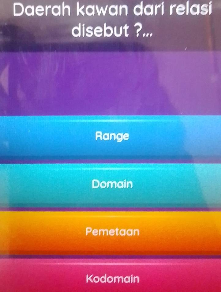 Daerah kawan dari relasi
disebut ?...
Range
Domain
Pemetaan
Kodomain