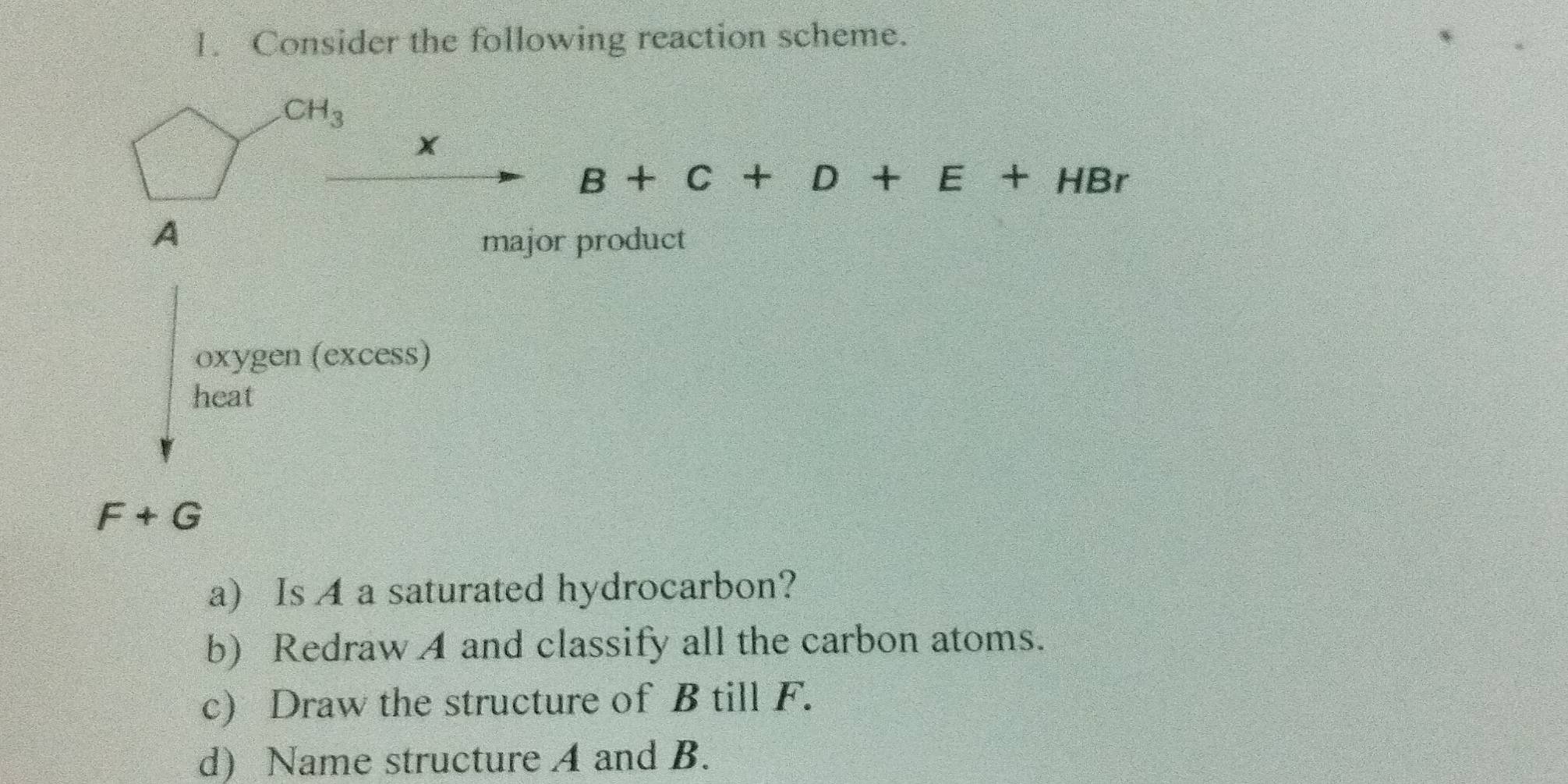 Consider the following reaction scheme.
CH_3
x
B+C+D+E+HBr
A 
major product 
oxygen (excess) 
heat
F+G
a) Is A a saturated hydrocarbon? 
b) Redraw A and classify all the carbon atoms. 
c) Draw the structure of B till F. 
d) Name structure A and B.