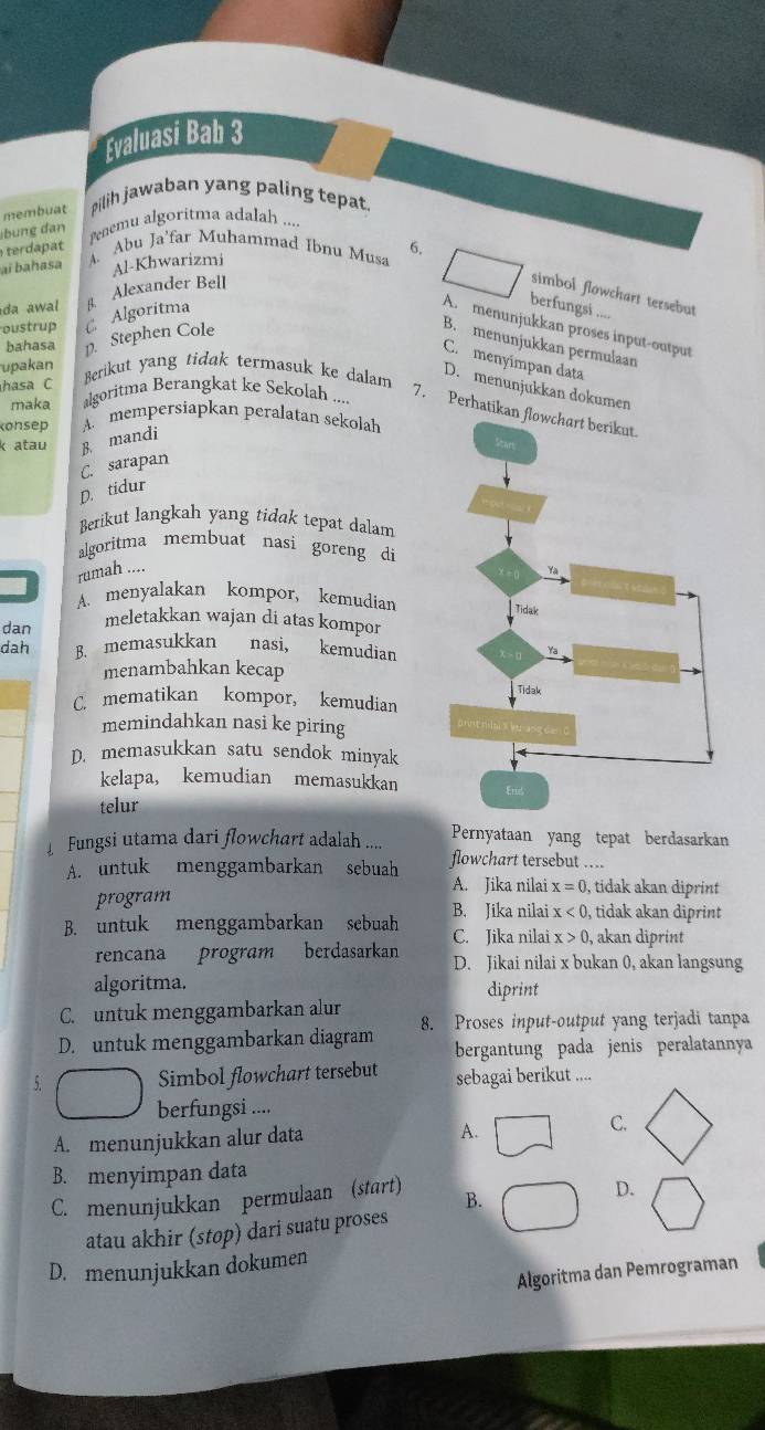 Evaluasi Bab 3
membuat pilih jawaban yang paling tepat.
b u ng  dan Penemu algoritma adalah ....
terdapat
A Abu Ja’far Muhammad Ibnu Musa 6.
aï bahasa Al-Khwarizmi
oustrup  Algoritma β. Alexander Bell
simbol flowchart tersebut
da awal
berfungsi ....
A. menunjukkan proses input-output
bahasa D. Stephen Cole
B. menunjukkan permulaan
C. menyimpan data
upakan
hasa C
Berikut yang tidak termasuk ke dalam
D. menunjukkan dokumen
maka algoritma Berangkat ke Sekolah ...
7. Perhatikan
konsep A. mempersiapkan peralatan sekolah
k atau B. mandi
C. sarapan
D. tidur
Berikut langkah yang tidak tepat dalam
algoritma membuat nasi goreng di
rumah ....
A. menyalakan kompor, kemudian
dan meletakkan wajan di atas kompor
dah B. memasukkan nasi, kemudian
menambahkan kecap
C. mematikan kompor, kemudian
memindahkan nasi ke piring
D. memasukkan satu sendok minyak
kelapa, kemudian memasukkan
telur
Fungsi utama dari flowchart adalah .... Pernyataan yang tepat berdasarkan
flowchart tersebut ....
A. untuk menggambarkan sebuah A. Jika nilai x=0 , tidak akan diprint
program
B. Jika nilai x<0</tex> , tidak akan diprint
B. untuk menggambarkan sebuah C. Jika nilai x>0 , akan diprint
rencana program berdasarkan D. Jikai nilai x bukan 0, akan langsung
algoritma. diprint
C. untuk menggambarkan alur
D. untuk menggambarkan diagram 8. Proses input-output yang terjadi tanpa
bergantung pada jenis peralatannya
5. Simbol flowchart tersebut sebagai berikut ....
berfungsi ....
A. menunjukkan alur data
A.
C.
B. menyimpan data
C. menunjukkan permulaan (start)
B.
D.
atau akhir (stop) dari suatu proses
D. menunjukkan dokumen
Algoritma dan Pemrograman