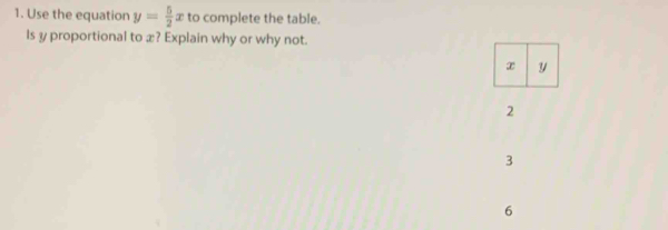 Use the equation y= 5/2 x to complete the table.
Is y proportional to æ? Explain why or why not.
x y
2
3
6