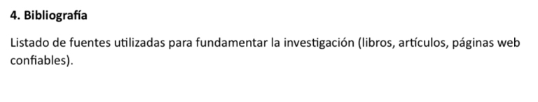 Bibliografía 
Listado de fuentes utilizadas para fundamentar la investigación (libros, artículos, páginas web 
confiables).