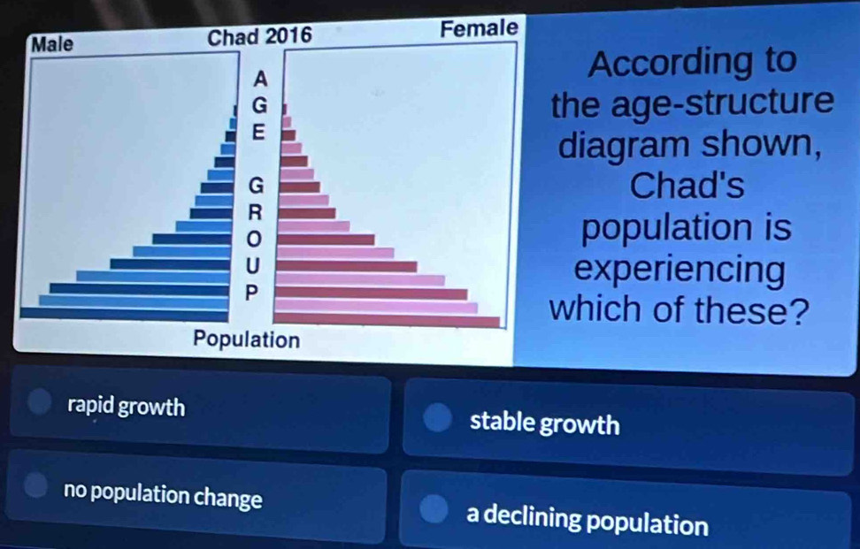 According to
he age-structure
diagram shown,
Chad's
population is
experiencing
hich of these?
rapid growth stable growth
no population change a declining population