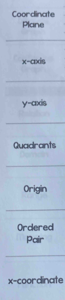 Coordinate 
Plane 
x-axis 
y-axis 
Quadrants 
Origin 
Ordered 
Pair 
x-coordinate