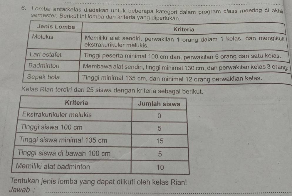 Lomba antarkelas diadakan untuk beberapa kategori dalam program class meeting di akhir 
semester. Berikut ini lomba dan kriteria yan 
Kelas Rian terdiri dari 25 siswa dengan kriteria sebagai berikut. 
Tentukan jenis lomba yang dapat diikuti oleh kelas Rian! 
Jawab :_