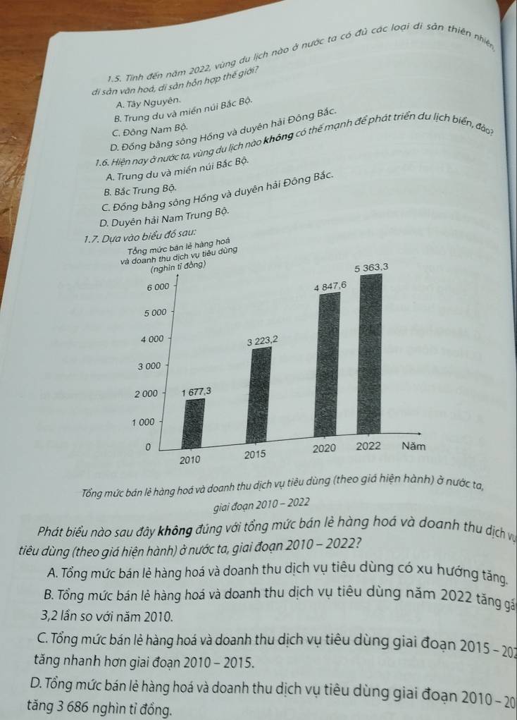 Tỉnh đến năm 2022, vùng du lịch nào ở nước ta có đủ các loại đi sản thiên nhiên
di sản văn hoá, di sản hỗn hợp thế giới?
A. Tây Nguyên.
B. Trung du và miền núi Bắc Bội
D. Đồng bằng sông Hồng và duyên hải Đông Bắc.
C. Đông Nam Bộ.
1.6. Hiện nay ở nước ta, vùng du lịch nào không có thể mạnh để phát triển du lịch biển, đàoi
A. Trung du và miền núi Bắc Bộ.
B. Bắc Trung Bộ.
C. Đồng bằng sông Hồng và duyên hải Đông Bắc.
D. Duyên hải Nam Trung Bộ.
1.7. Dựa vào biểu đồ sau:
Tổng mức bàn lẻ hàng hoá
và doành thu dịch vụ tiêu dùng
Tổng mức bán lẻ hàng hoá và doanh thu dịch vụ tiêu dùng (theo giá hiện hành) ở nước ta,
giai đoạn 2010 - 2022
Phát biểu nào sau đây không đúng với tổng mức bán lẻ hàng hoá và doanh thu dịch vụ
tiêu dùng (theo giá hiện hành) ở nước ta, giai đoạn 2010 - 2022?
A. Tổng mức bán lẻ hàng hoá và doanh thu dịch vụ tiêu dùng có xu hướng tăng.
B. Tổng mức bán lẻ hàng hoá và doanh thu dịch vụ tiêu dùng năm 2022 tăng gả
3, 2 lần so với năm 2010.
C. Tổng mức bán lẻ hàng hoá và doanh thu dịch vụ tiêu dùng giai đoạn 2015-20
tăng nhanh hơn giai đoạn 2010 - 2015.
D. Tổng mức bán lẻ hàng hoá và doanh thu dịch vụ tiêu dùng giai đoạn 2010-20
tăng 3 686 nghìn tỉ đồng.