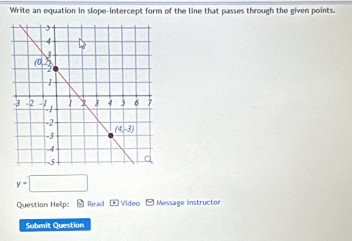 Write an equation in slope-intercept form of the line that passes through the given points.
y=□
Question Help: Read Video Message instructor
Submit Question