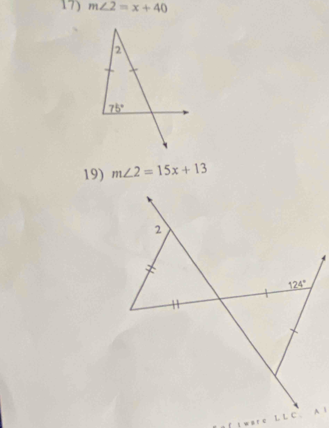 m∠ 2=x+40
19) m∠ 2=15x+13