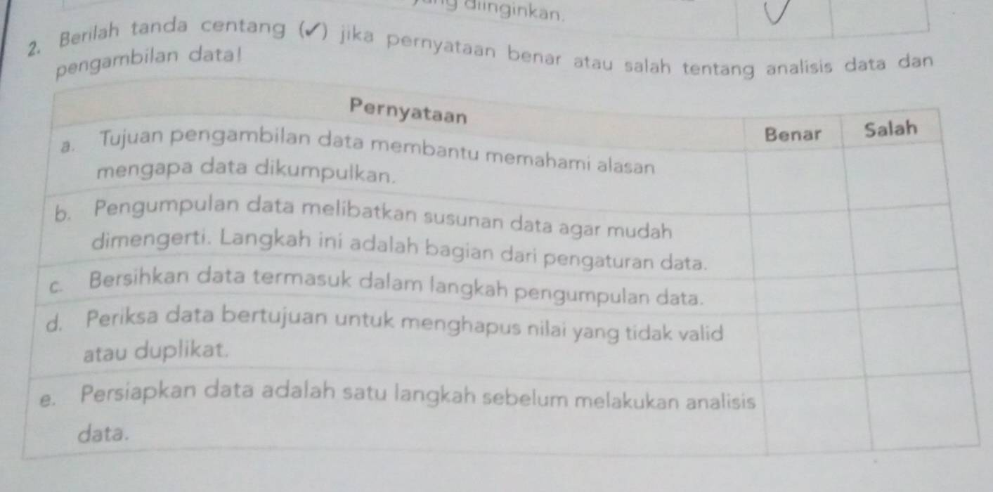 diinginkan. 
2. Berilah tanda centang (▲) jika pernyataan benar atau salis data dan 
gambilan data!