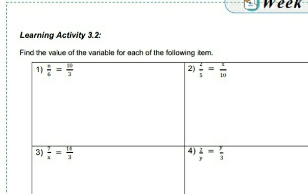 Week
Learning Activity 3.2:
Find the value of the variable for each of the following item.