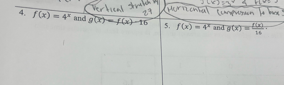 f(x)=4^x and g(x)=f(x)· 16 5. f(x)=4^x and g(x)= f(x)/16 ·