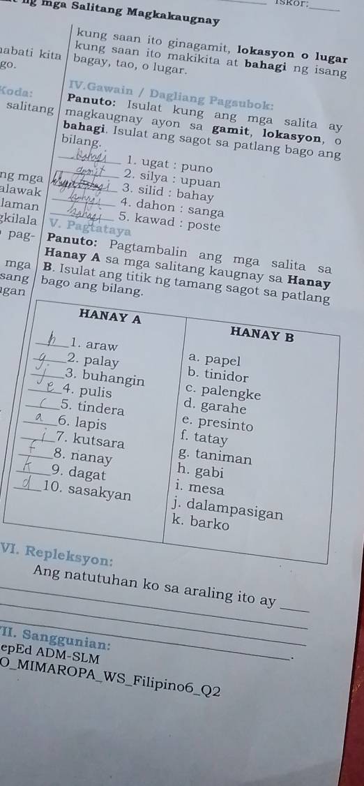 Iskor_ 
g İga Salitang Magkakaugnay_ 
kung saan ito ginagamit, lokasyon o lugar 
kung saan ito makikita at bahagi ng isang 
abati kita bagay, tao, o lugar. 
go. 
IV.Gawain / Dagliang Pagsubok: 
Koda: Panuto: Isulat kung ang mga salita ay 
salitang magkaugnay ayon sa gamit, lokasyon, o 
_bahagi. Isulat ang sagot sa patlang bago ang 
bilang. 
_1. ugat : puno 
2. silya : upuan 
ng mga _3. silid : bahay 
alawak _4. dahon : sanga 
laman _5. kawad : poste 
gkilala V. Pagtatay 
pag Panuto: Pagtambalin ang mga salita sa 
Hanay A sa mga salitang kaugnay sa Hanay 
mga B. Isulat ang titik ng tamang sagot 
sang bago ang bilang 
ıgan 
VI 
_ 
g natutuhan ko sa araling ito ay 
_ 
_ 
II. Sanggunian: 
epEd ADM-SLM 
. 
O_MIMAROPA_WS_Filipino6_Q2