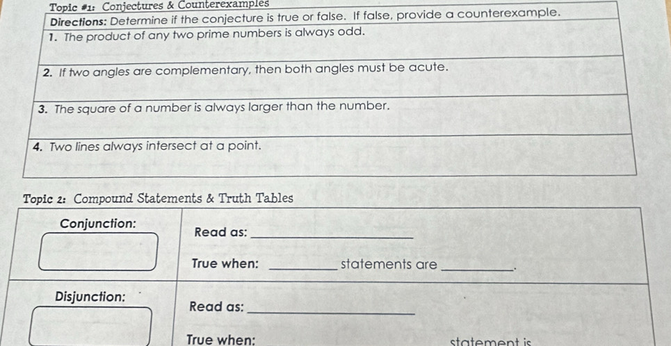 Topic #1: Conjectures & Counterexamples 
Conjunction: Read as:_ 
True when: _statements are_ 
_ 
Disjunction: Read as: 
True when: statement is