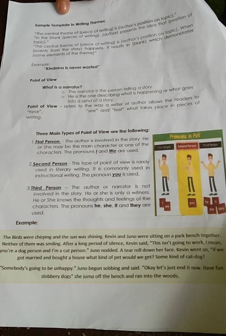 Sample Template in Writing Themes 
"The central theme of (piece of writing) is (auther's position on topic)." 
"In the blank (pieces of writing), (author) presents the idea that (position o 
"The central theme of (piece of writing) is (author's position on topic). When 
(events from the story) happens, if results in (blank) which demonstrates 
topic)." 
(some elements of the theme)" 
Example 
"Kindness is never wasted” 
Point of View 
What is a narrator? 
。 The narrator is the person telling a story 
He is the one describing what is happening or what goes 
into a send of a story. 
Point of View - reters to the way a writer or author allows the readers to 
“hear”. 
"see" and "feel" what takes place in pieces of 
writing 
Three Main Types of Point of View are the following: 
1.First Person_ - The author is involved in the story. He 
or She may be the main character or one of the 
characters. The pronouns I and We are used. 
2.Second Person - This type of point of view is rarely 
used in literary writing. It is commonly used in 
instructional writing. The pronoun you is used. 
3.Third Person - The author or narrator is not 
involved in the story. He or she is only a witness. 
He or She knows the thoughts and feelings of the 
characters. The pronouns he, she, it and they are 
used. 
Example: 
The Birds were chirping and the sun was shining. Kevin and Juno were sitting on a park bench together. 
Neither of them was smiling. After a long period of silence, Kevin said, "This isn’t going to work, I mean, 
you’re a dog person and I’m a cat person.” Juno nodded. A tear roll down her face. Kevin went on, “if we 
got married and bought a house what kind of pet would we get? Some kind of cat-dog? 
“Somebody’s going to be unhappy.” Juno begun sobbing and said. “Okay let’s just end it now. Have fun 
slobbery dogs" she jump off the bench and ran into the woods.