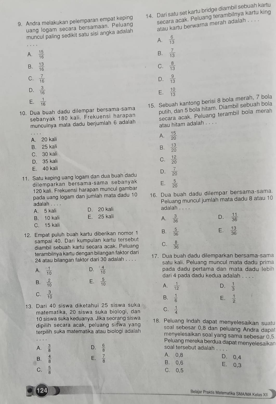 Andra melakukan pelemparan empat keping 14. Dari satu set kartu bridge diambil sebuah kartu
uang logam secara bersamaan. Peluang secara acak. Peluang terambilnya kartu king
muncul paling sedikit satu sisi angka adalah atau kartu berwarna merah adalah . . .
_
A.  6/13 
B.
A.  15/16   7/13 
B.  13/16  C.  8/13 
C.  7/16  D.  9/13 
D.  3/16   10/13 
E.
E.  1/16 
10. Dua buah dadu dilempar bersama-sama 15. Sebuah kantong berisi 8 bola merah, 7 bola
sebanyak 180 kali. Frekuensi harapan putih, dan 5 bola hitam. Diambil sebuah bola
munculnya mata dadu berjumlah 6 adalah secara acak. Peluang terambil bola merah
atau hitam adalah . . . .
_A. 20 kali A.  15/20 
B. 25 kali
B.  13/20 
C. 30 kali
D. 35 kali
C.  12/20 
E. 40 kali
11. Satu keping uang logam dan dua buah dadu D.  7/20 
dilemparkan bersama-sama sebanyak E.  5/20 
120 kali. Frekuensi harapan muncul gambar
pada uang logam dan jumlah mata dadu 10 16. Dua buah dadu dilempar bersama-sama.
adalah . . . . Peluang muncul jumlah mata dadu 8 atau 10
A. 5 kali D. 20 kali adalah . . . .
B. 10 kali E. 25 kali
D.
A.  3/36   11/36 
C. 15 kali
12. Empat puluh buah kartu diberikan nomor 1 B.  5/36  E.  13/36 
sampai 40. Dari kumpulan kartu tersebut
diambil sebuah kartu secara acak. Peluang C.  8/36 
terambilnya kartu dengan bilangan faktor dari
17. Dua buah dadu dilemparkan bersama-sama
24 atau bilangan faktor dari 30 adalah . . . . satu kali. Peluang muncul mata dadu prima
D.
A.  1/10   4/10  pada dadu pertama dan mata dadu lebih
dari 4 pada dadu kedua adalah . . . .
E.
B.  2/10   5/10 
A.  1/12  D.  1/3 
C.  3/10 
B.  1/6   1/2 
E.
13. Dari 40 siswa diketahui 25 siswa suka
matematika, 20 siswa suka biologi, dan C.  1/4 
10 siswa suka keduanya. Jika seorang siswa 18. Peluang Indah dapat menyelesaikan suatu
dipilih secara acak, peluang siswa yang soal sebesar 0,8 dan peluang Andra dapat
terpilih suka matematika atau biologi adalah menyelesaikan soal yang sama sebesar 0,5
Peluang mereka berdua dapat menyelesaikan
A.  3/8  D.  6/8  soal tersebut adalah . . 
B.  4/8  E.  7/8 
A. 0,8 D. 0,4
B. 0,6
E. 0,3
C.  5/8  C. 0,5
124
Belajar Praktis Matematika SMA/MA Kelas XII